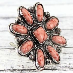 PINK BEADED BURNISHED SILVERTONE WESTERN FLWR RING